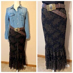 Sz 4 Ralph Lauren Black Label Floral Lace Black Mermaid Maxi Skirt Boho Western